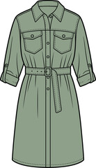 Naklejka premium Shirt dress with front pockets, belt waist, rolled sleeves, button closure, technical fashion sketch, flat vector illustration, cad drawing