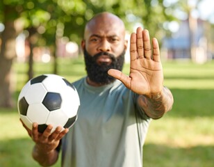 Man holding soccer ball, hand up in stop gesture