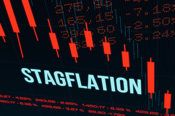 Stagflation, red chart down, negative share prices. Combination of high inflation, rising unemployment and stagnant demand, weak economy. 3D illustration