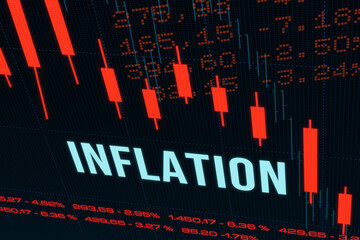 High inflation, red chart down, negative share prices. Inflation, increase in prices of goods and services, currency devaluation, loss of purchasing power. 3D illustration