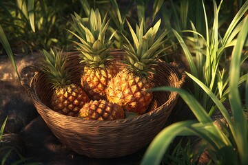 Fototapeta premium A basket with ripe pineapples, placed on rustic ground in tropical garden sunlight.
