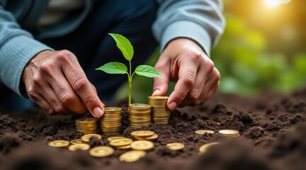 long term investment trend concept. Nurturing growth with coins and a small plant in fertile soil.