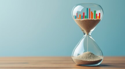 long term investment trend concept. Hourglass with colorful data bars inside, symbolizing time and analytics.