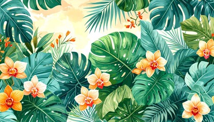 Vibrant Tropical Paradise Lush Greenery with Monstera Leaves, Palm Fronds, and Exotic Orchids