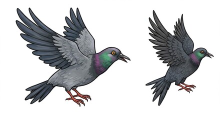 Fototapeta premium Two detailed illustrations of pigeons in flight, showcasing their wings and plumage.