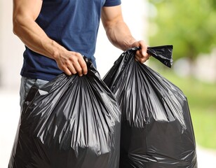 Man holding two overflowing trash bags