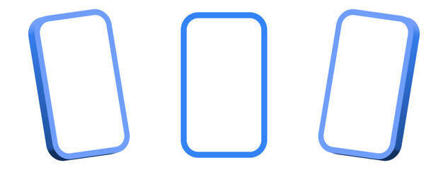 3D smartphone frame mockup set with blue gradient border or 3d mobile phone icons isolated on transparent background, for mobile app interfaces design, UI presentation, and digital templates