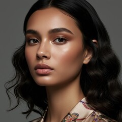 Naklejka premium Close-up Portrait of Woman with Wavy Hair and Natural Makeup
