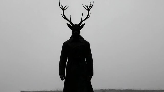 A figure with deer antlers stands in a misty forest, evoking a sense of mystery and solitude.