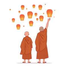 Monks release glowing lanterns into the dark sky in a symbol of enlightenment
