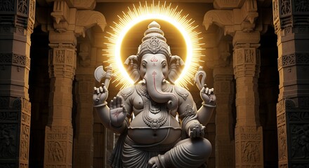 Fototapeta premium Statue of Ganesha with a glowing halo in a temple
