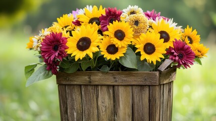 Colorful Flower Arrangement in Wooden Basket at Outdoor Setting