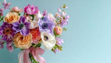 Colorful floral bouquet with roses and anemones on blue background.