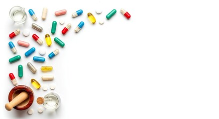 Obraz premium Pharmacy and healthcare concept with a colorful variety of medicine pills, capsules, and tablets scattered on a white background with a mortar and pestle