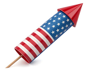 A firework rocket with an american flag design on a white background in a close up studio shot