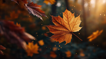 Golden Autumn Leaves: A vibrant display of fall foliage, with warm hues of orange and brown leaves, dancing in the breeze, evoking a sense of seasonal transition and natural beauty.