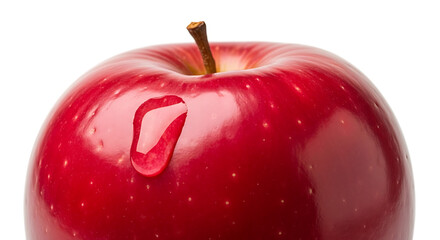 Close up of a shiny red apple with a water droplet on its surface against a white background
