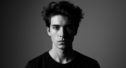 Fototapeta premium Black and White Portrait of Serious Young Man with Messy Hair