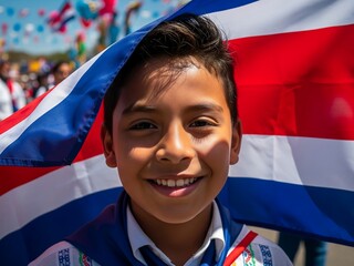 Joyful boy celebrates Costa Rica's Independence Day with national flag.