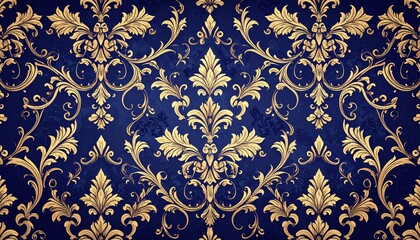 Elegant Royal Blue and Gold Damask Wallpaper Pattern for Sophisticated Digital Art and Textiles