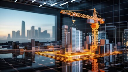 Futuristic cityscape with glowing buildings and a construction crane, representing smart city development and advanced urban planning