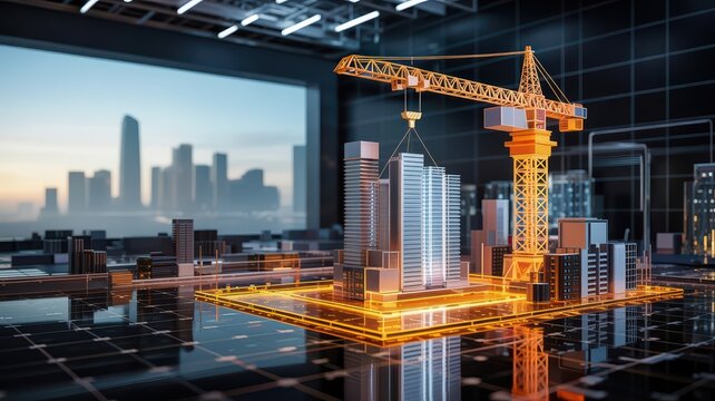 Futuristic cityscape with glowing buildings and a construction crane, representing smart city development and advanced urban planning