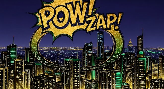Dynamic comic book sound effects 'POW! ZAP!' displayed above an illuminated urban cityscape at night.