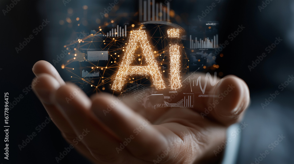 Poster the essence of ai: a person holds the glowing ai text in the palm of their hand, representing the fu