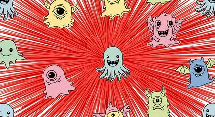 A seamless pattern of cute, hand-drawn red doodle monsters with various funny expressions on a light background.