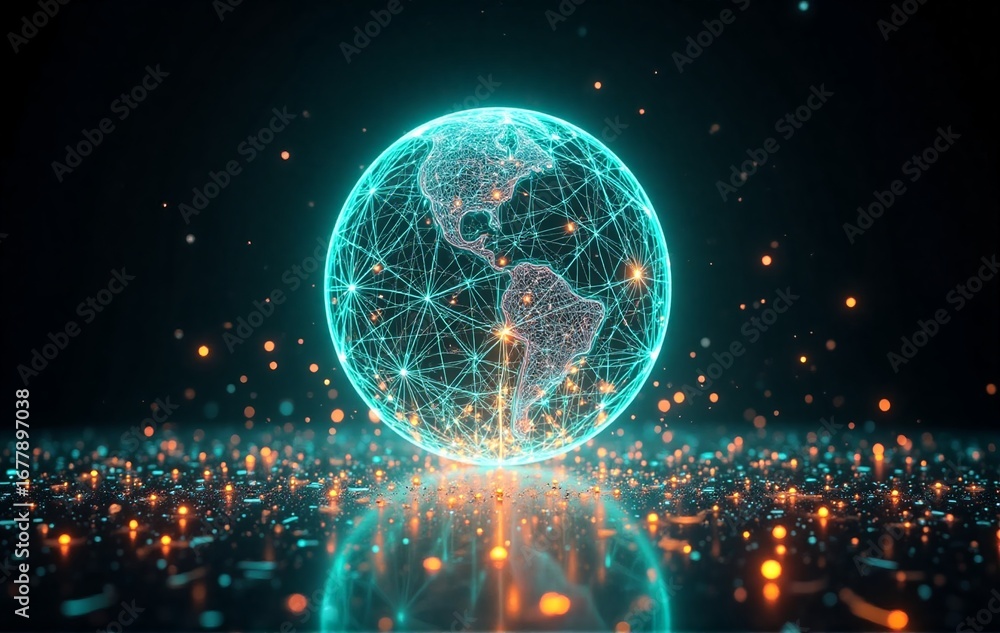 Poster a vibrant, digital globe with glowing connections, surrounded by sparkling data points, symbolizing 