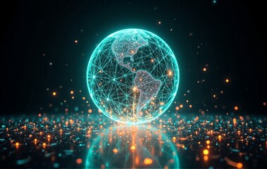 A vibrant, digital globe with glowing connections, surrounded by sparkling data points, symbolizing global technology and communication.