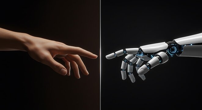 Human hand reaching to touch a robotic hand against a dark background, symbolizing the connection between humanity and artificial intelligence.