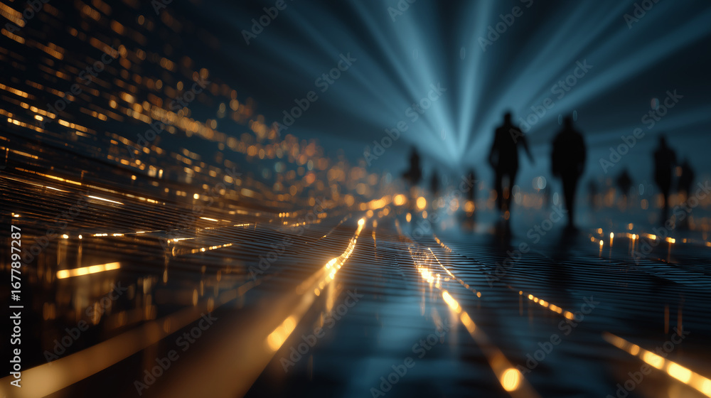 Poster digital pathway: silhouetted figures journey along an ethereal digital pathway illuminated by vibran
