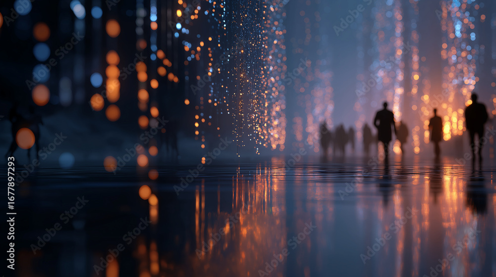 Poster digital abstraction: a blurred, atmospheric image of a gathering, shrouded in the ambiance of data s