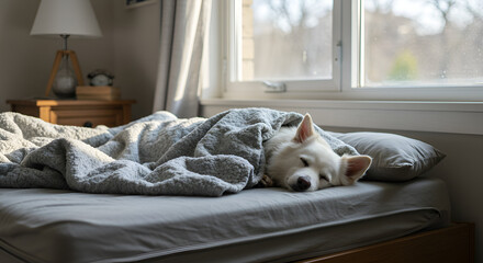 dog, Cute white dog sleeping peacefully on bed with gray blanket, cozy and warm bedroom atmosphere.