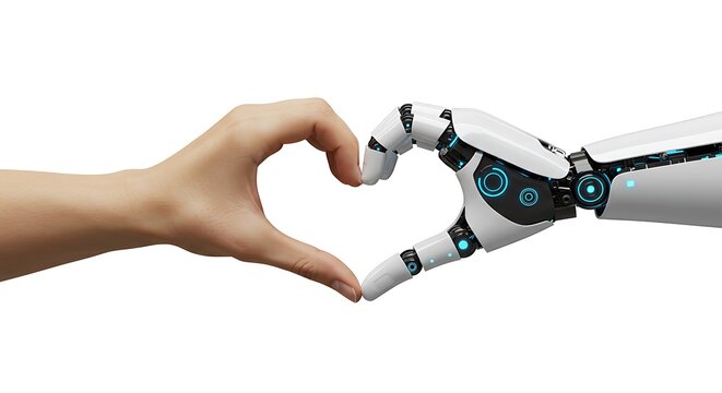 Human and robot hands forming a heart shape, symbolizing connection and cooperation between humanity and artificial intelligence. - Powered by Adobe