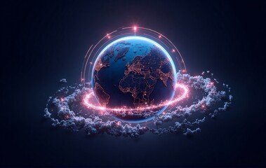 A glowing Earth, illuminated cities, surrounded by vibrant light rings and ethereal clouds, depicting global connectivity and technology.
