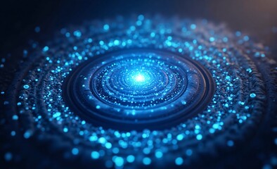 A vibrant blue energy core radiates amidst swirling luminous particles, forming an abstract, futuristic vortex of light.