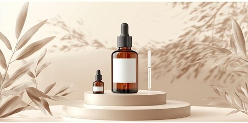Cosmetic mockup with a blank white label, an amber glass bottle, and a dropper on podiums in a minimalistic interior, with plant branches and a beige background. High resolution, high detail, high qua