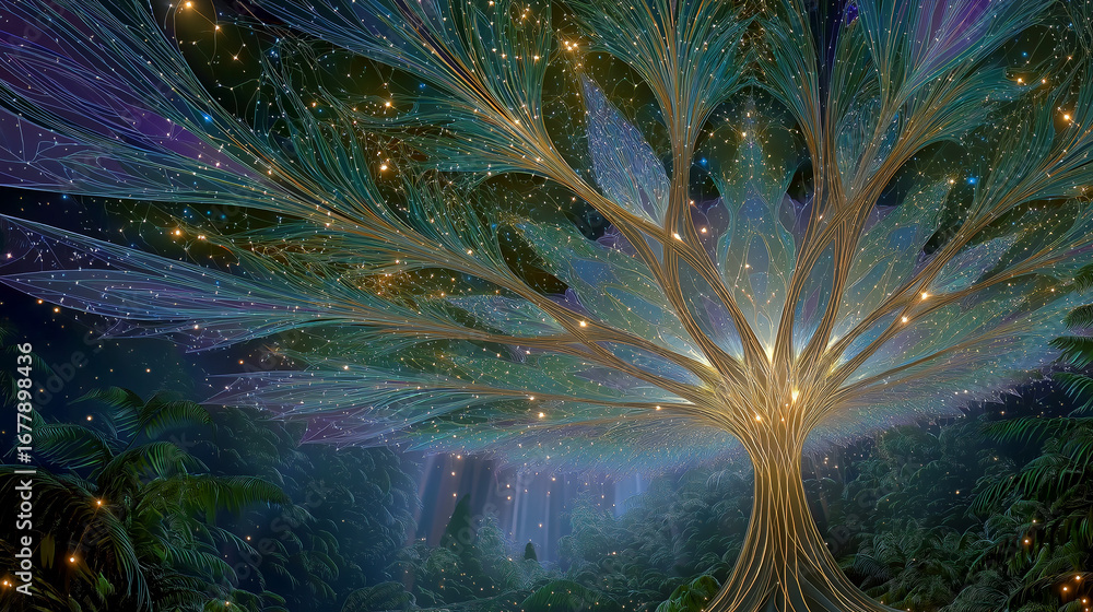 Aufkleber mystical tree of light: a captivating depiction of a vibrant, glowing tree, its intricate branches r