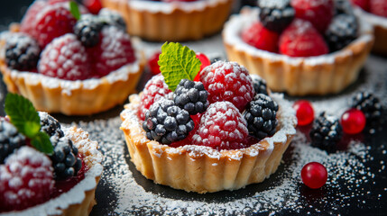 Delicious mini fruit tarts with fresh raspberries, blackberries, and mint, dusted with powdered sugar on a dark slate surface.