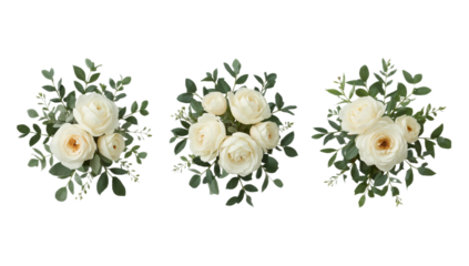 Three Elegant White Rose and Green Foliage Bouquets, Perfect for Sophisticated Wedding and Special Occasion Decor, Isolated on White