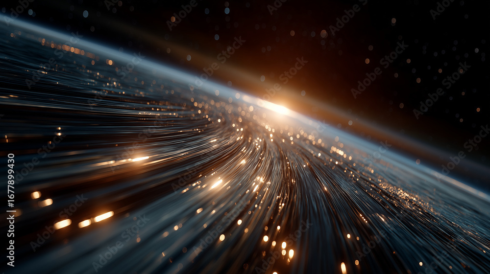 Poster digital threads: a breathtaking illustration of the earth from space, with streams of data flowing l