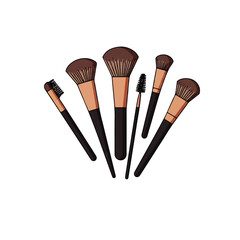 Assorted cosmetic brushes with dark handles and brown bristles, arranged in a fan