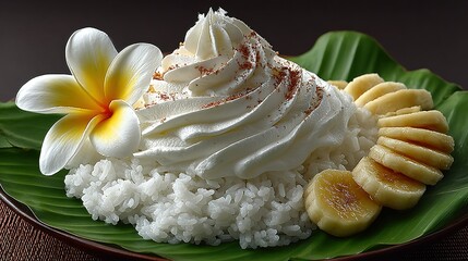 Dessert rice with whipped cream banana slices and a flower on a leaf.