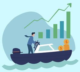 A businessman steers his boat, symbolizing navigating his company toward financial growth, profit, and investment success