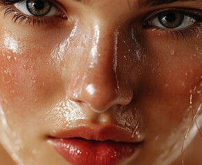 Fototapeta premium Close up beauty woman face with natural clean fresh skin on white background, healthy facial treatment in spa or at home . Skincare and cosmetics concept. Close-up of beautiful female model's lips wit