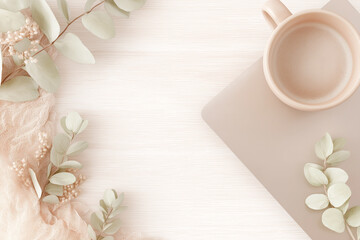 Coffee cup and greenery rest on an aesthetic flat lay. Perfect for social media posts, blog graphics, and website designs. Aesthetic flat lay with coffee cup and greenery. Suitable for lifestyle and w