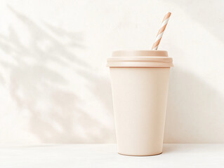 Modern coffee cup with a straw on a table near a wall, perfect for caf branding, beverage ads, or social media.