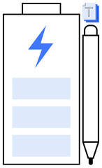 Battery with lightning bolt symbol, clipboard, and sleek stylus emphasizing technology, productivity, digital creativity, design tools, energy, innovation and efficiency. Ideal for productivity